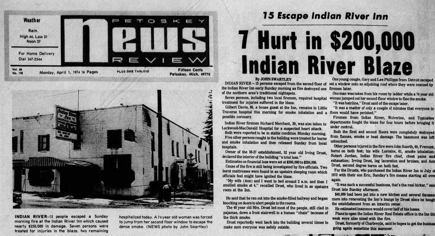 Indian River Inn (Brass Rail Bar & Grill) - Apr 1 1974 Article On Fire